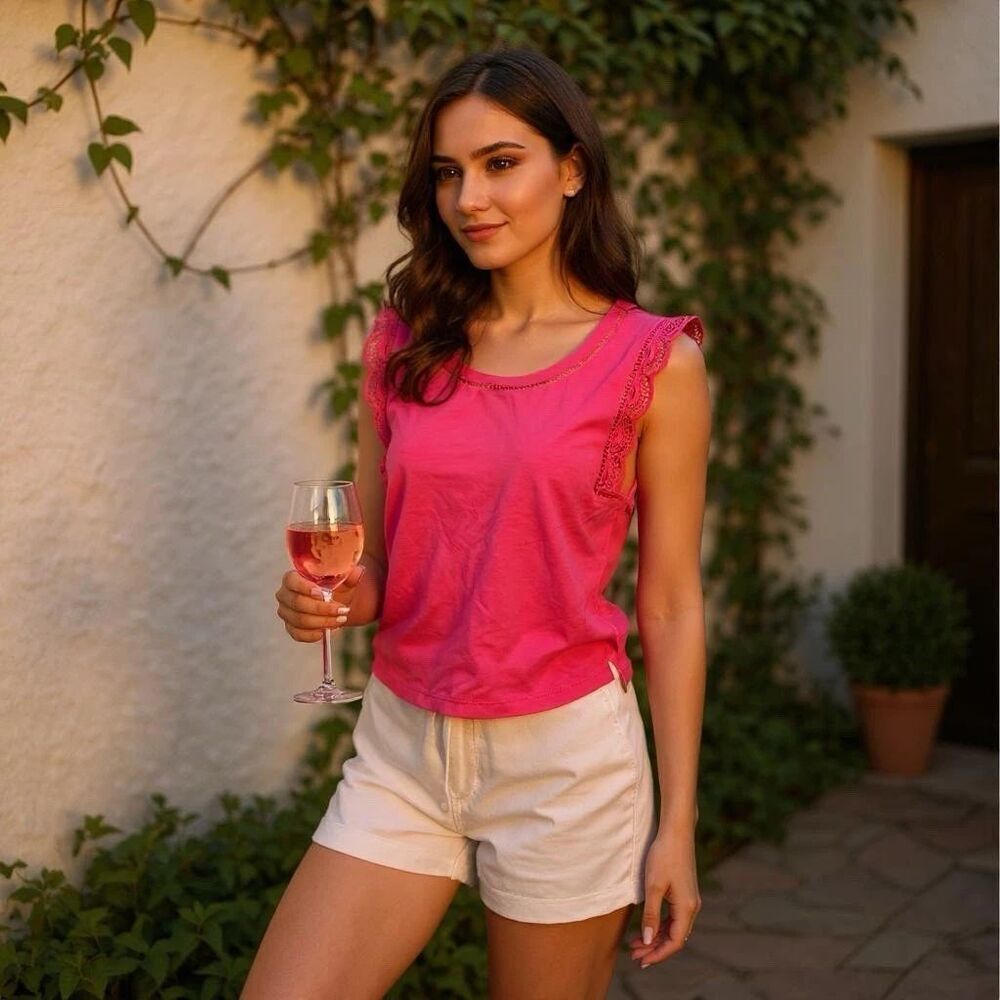 Lilly Pulitzer Agee Top Medium Pink Sleeveless Tank Eyelet Lace Trim Vacation